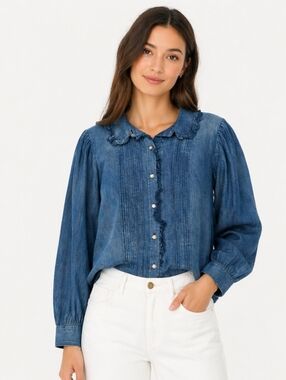 Rebecca Taylor La Vie Denim Chambray Button Down Ruffle Collar Blouse Women's 8